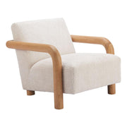 Boucle Upholstered Wood-Arm Accent Chair styled on a sunlit patio with side table