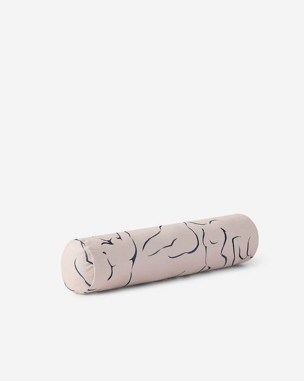 Beige bolster pillow with navy line drawing figures, cylindrical