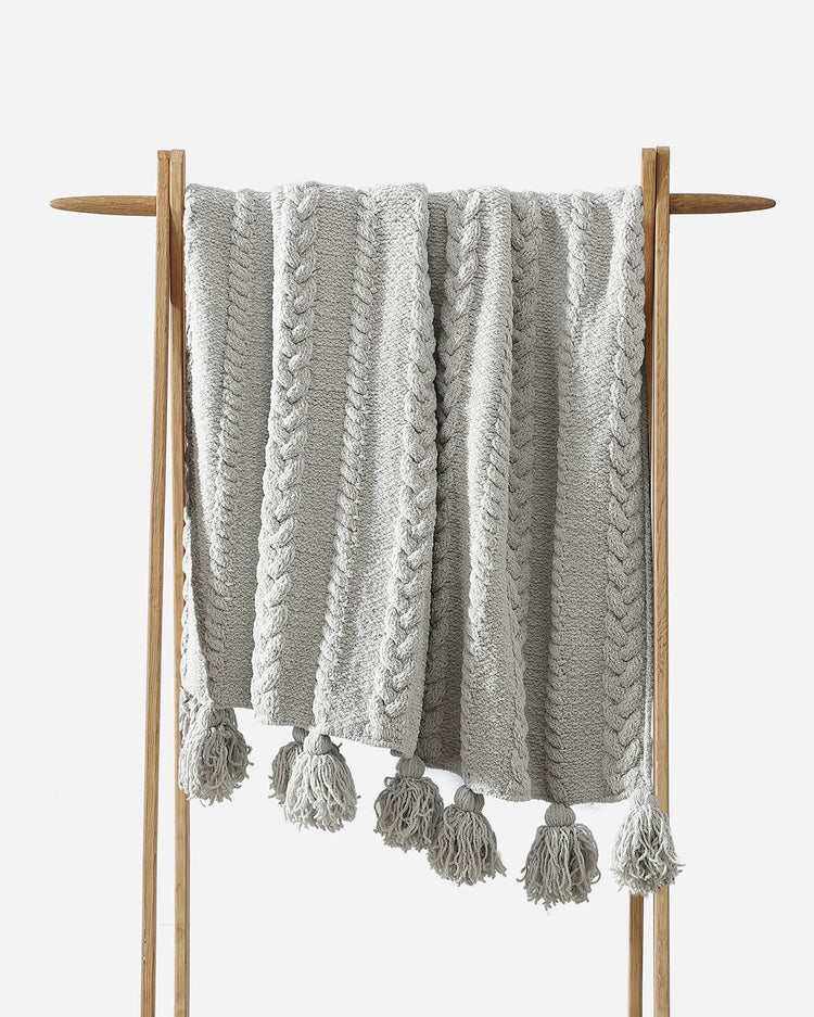 Cable-Knit Pom Pom Throw Blanket
