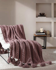 Cable-Knit Pom Pom Throw Blanket