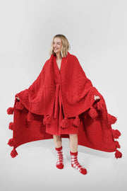 Cable-Knit Pom Pom Throw Blanket