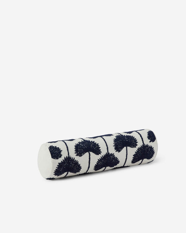 Cream bolster pillow with navy palm leaf embroidered, cylindrical bolster