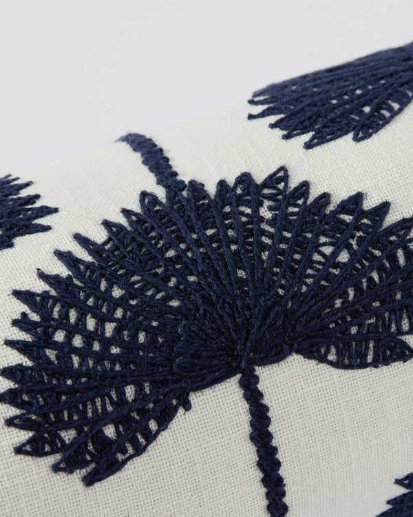 White with navy Palm Leaf Embroidered Bolster bolster pillow with navy palm leaf embroidered, cylindrical bolster
