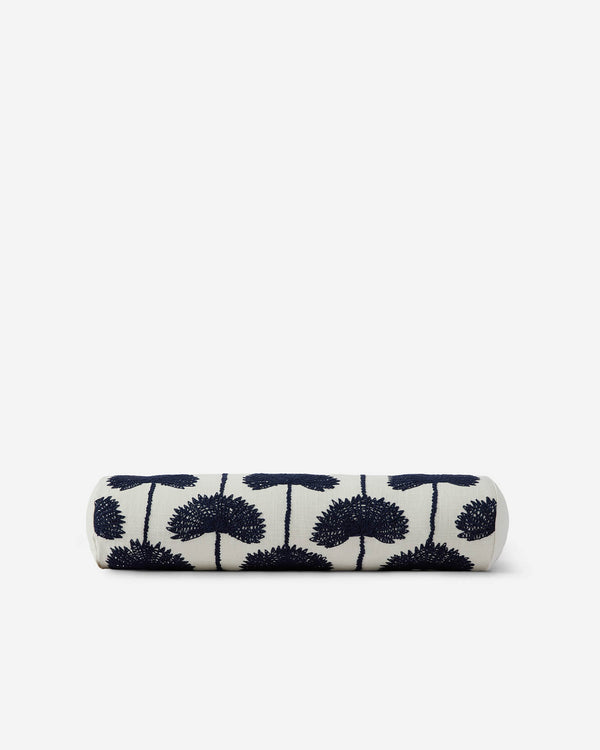 Cream bolster pillow with navy palm leaf embroidered, cylindrical