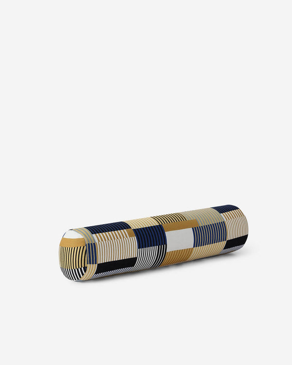 Navy blue bolster pillow with geometric plaid with vertical stripes, cylindrical