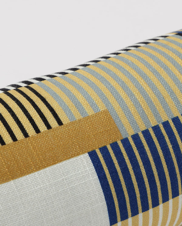 Multicolor with yellow bolster pillow with geometric plaid stripes, cylindrical bolster