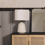 Fluted Ceramic Table Lamp — close-up of label and production detail