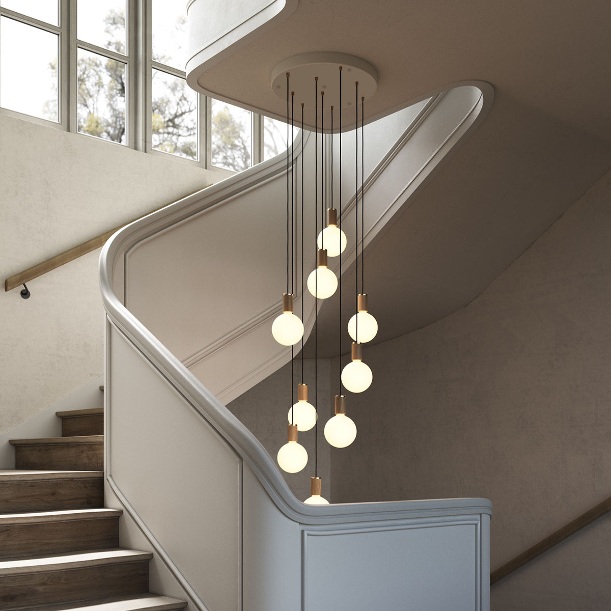 Oak Nine-Light Cluster Pendant with Sphere IV Bulbs