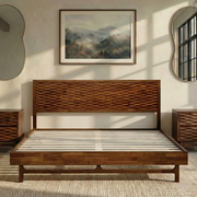 Relief-Carved Wood Platform Bed Frame — close-up of label and production detail