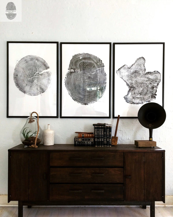 Tree Ring Triptych Print Set hung in a curated gallery wall arrangement