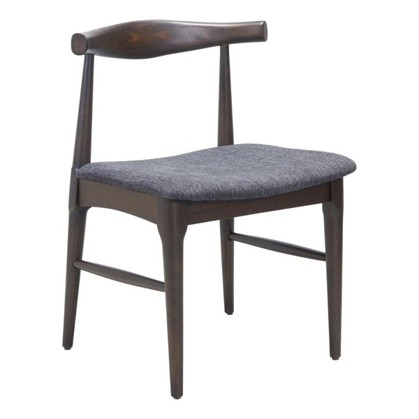 Elbow-Back Upholstered Dining Chair Set — Mid-century elbow-back dining chairs in espresso wood and grey woven fabric, set