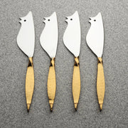 Mouse-Form Gold-Handle Cheese Knife Set — Four mouse-silhouette steel spreaders with hammered gold-tone twisted handles