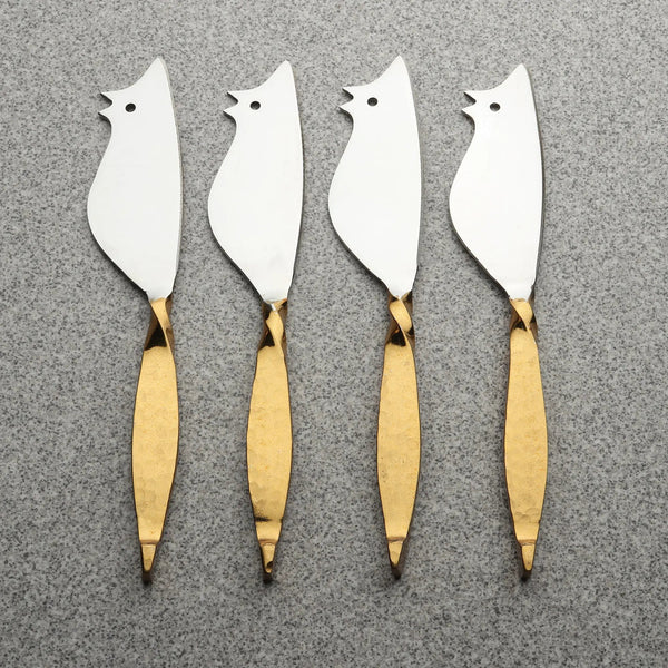 Mouse-Form Gold-Handle Cheese Knife Set — Four mouse-silhouette steel spreaders with hammered gold-tone twisted handles