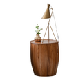 Mixed Wood Drum Side Table styled with ceramics and a linen runner