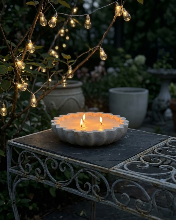 Marbled Handmade Ceramic Resin Fluted Candle Bowl, 3-Wick