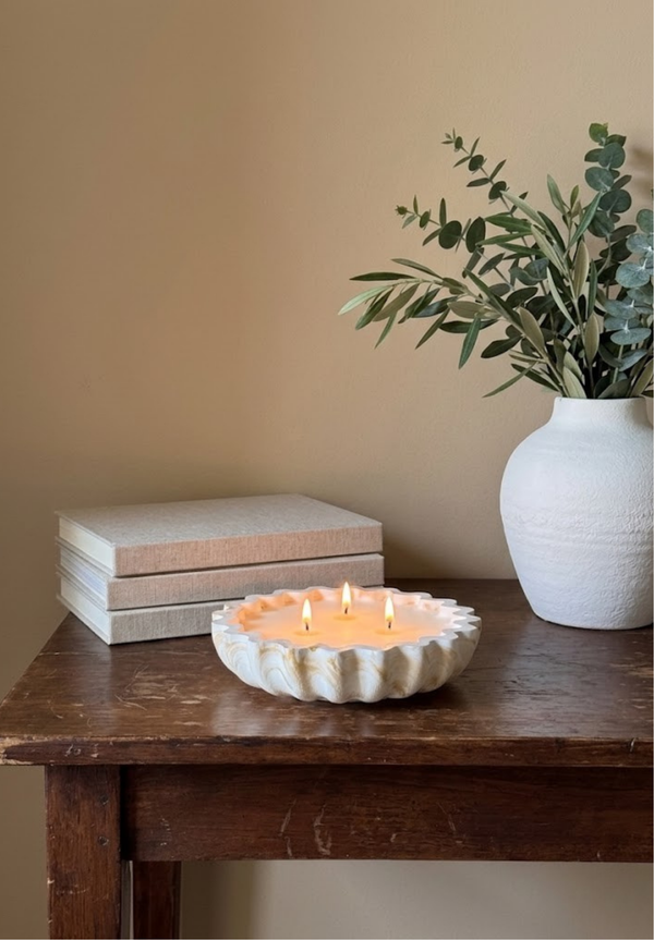 Marbled Handmade Ceramic Resin Fluted Candle Bowl, 3-Wick