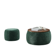 Chenille Round Storage Ottoman Coffee Table styled with ceramics and a linen runner