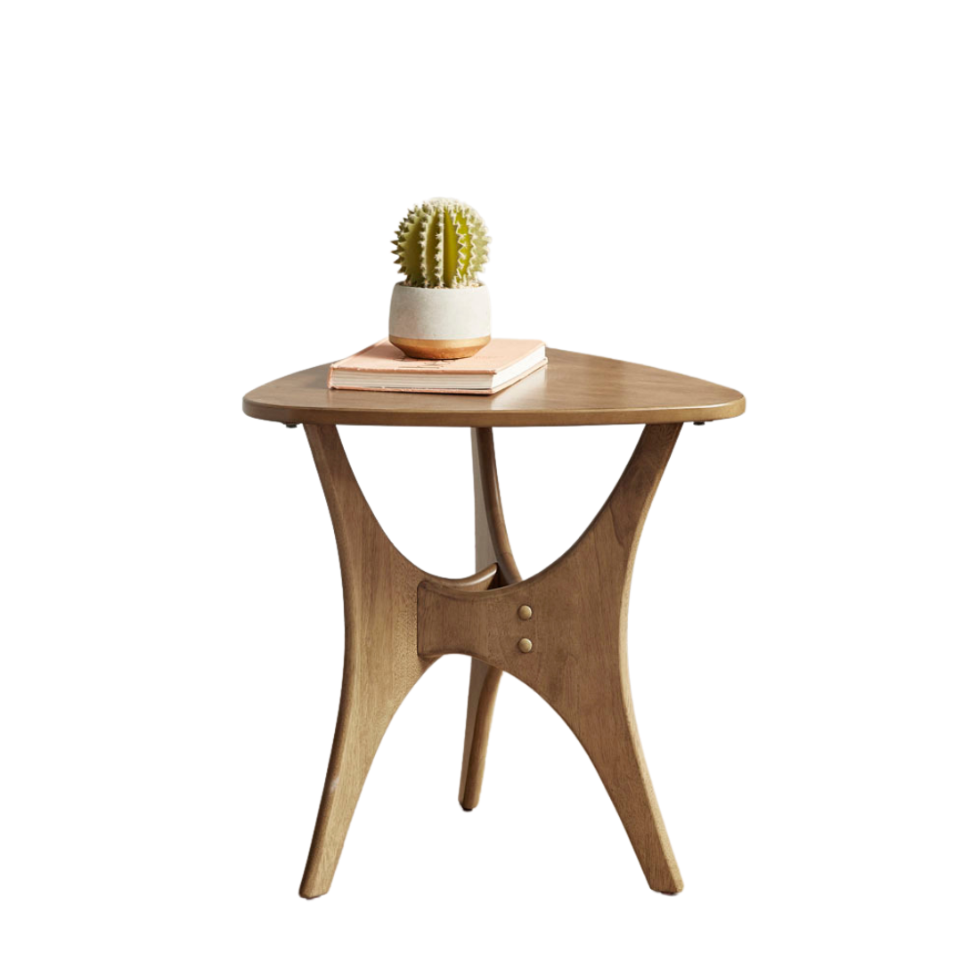 Elm-Finish Triangle Wood Side Table styled with ceramics and a linen runner