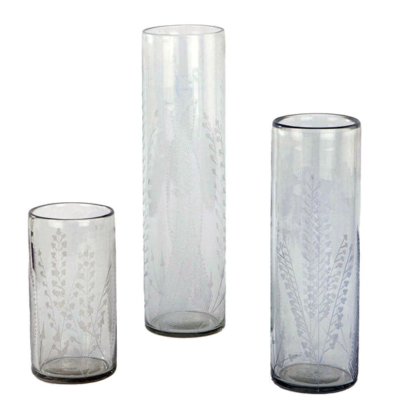 Tall Etched Glass Vases & Candleholders, Set of 3