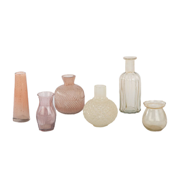 6 assorted pink vases, varied cylindrical, bulbous, and rounded shapes