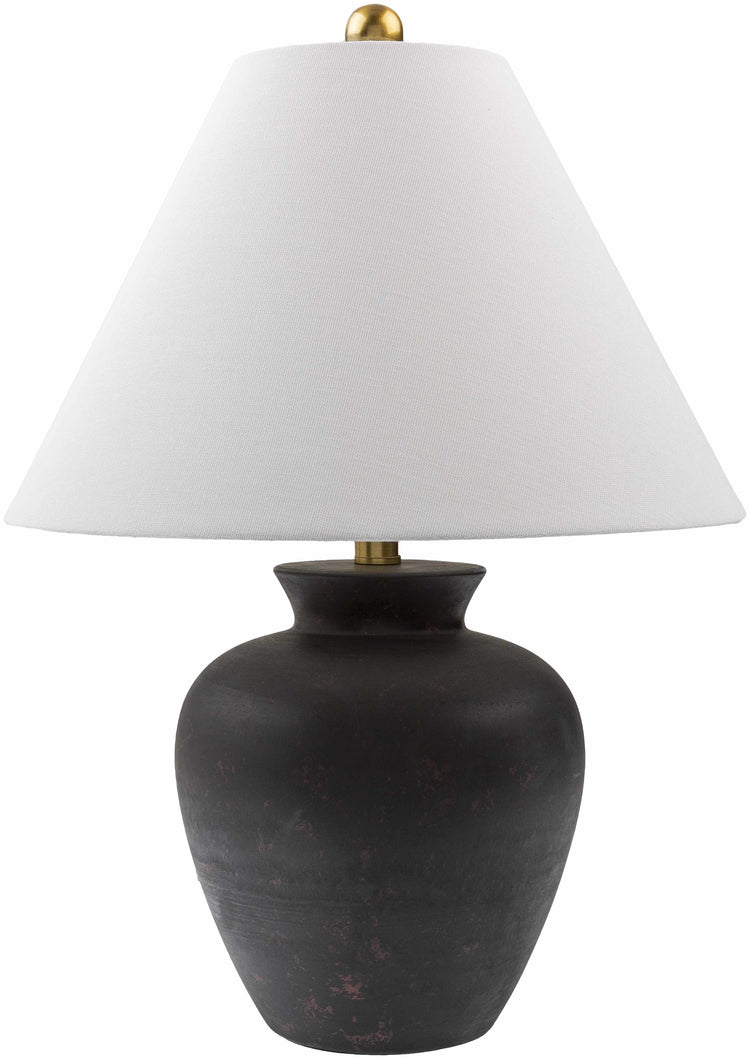 Matte Ceramic Urn Table Lamp styled with ceramics and a linen runner