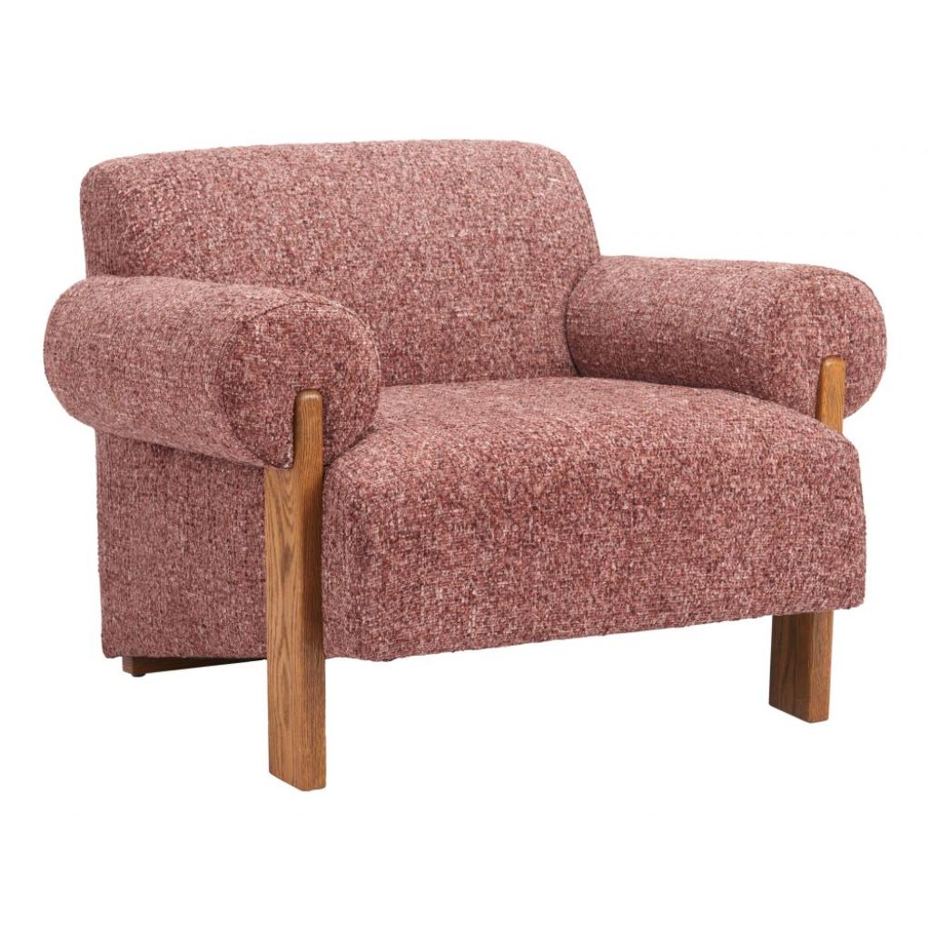 Copper Boucle Barrel Accent Chair — Wide boucle barrel chair with ash-finish wood legs in warm copper tones