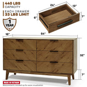 Close-up of carved leg and joinery detail — Mid-Century Wood-Grain Six-Drawer Dresser