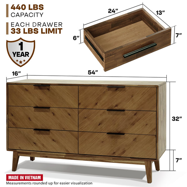 Mid-Century Six-Drawer Wood Dresser