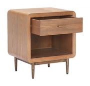 Rounded Wood-Grain Nightstand styled beside a bed with a lamp and book