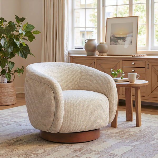 Textured Weave Swivel Club Chair — Rounded swivel club chair in oat weave with a warm wood-finish base