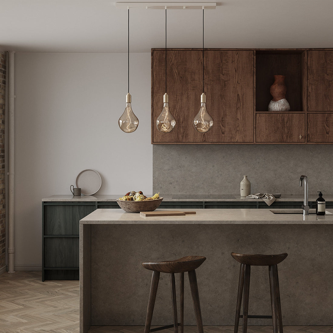 Brass Linear Triple Pendant Fixture, White Canopy