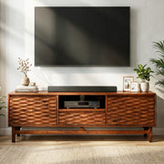 Relief-Carved Wood TV Stand — detail of finish and surface variation