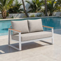 Olefin Cushion Powder-Coat Outdoor Loveseat — Powder-coated aluminum loveseat with taupe olefin cushions and wood-grain