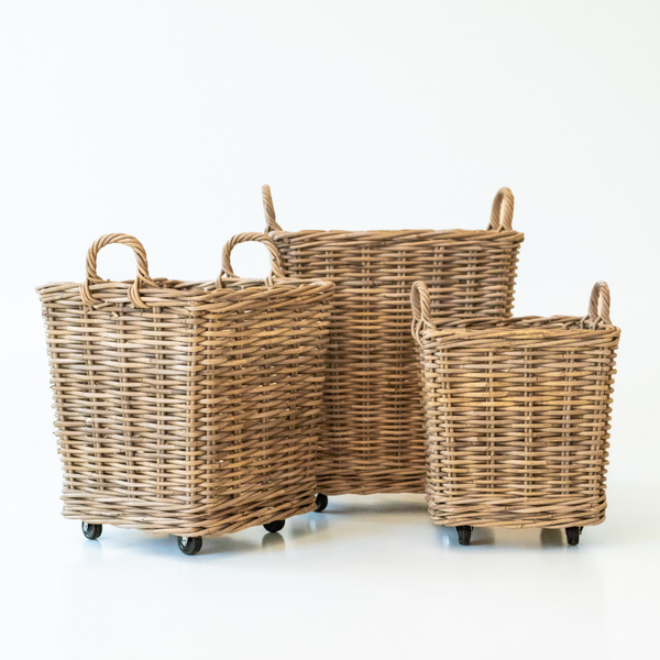 Kubu Grey Rattan Square Storage Basket on Wheels