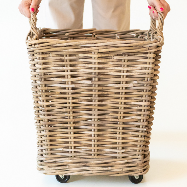 Kubu Grey Rattan Square Storage Basket on Wheels