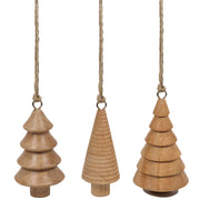 Carved Wood Tree Christmas Ornament Set