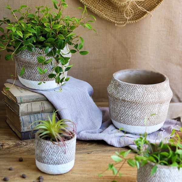 Woven-Texture Cement Flower Planter