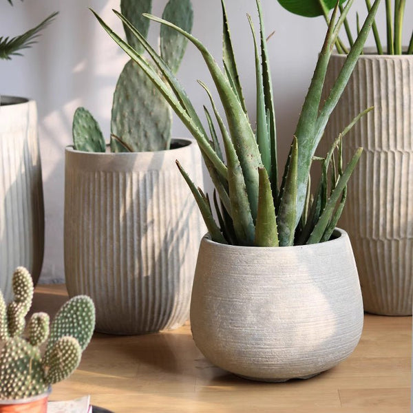 Scored Globe Cement Planter — globe-form magnesium oxide planter with horizontal scoring, two colors, two sizes