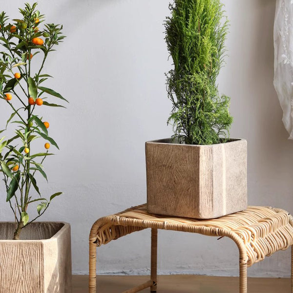Wood-Grain Magnesium Clay Square Planter