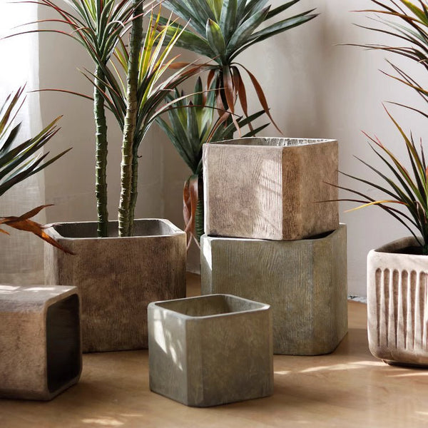 Wood-Grain Magnesium Clay Square Planter