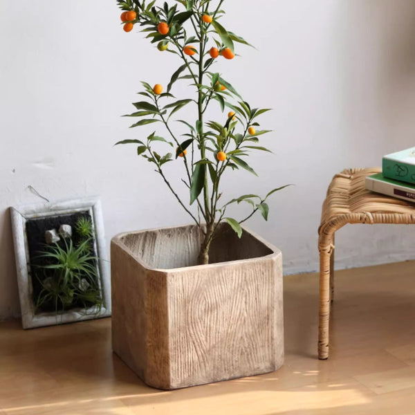 Wood-Grain Magnesium Clay Square Planter
