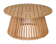 Slatted Acacia Round Coffee Table styled with ceramics and a linen runner