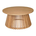 Slatted Acacia Round Coffee Table — Round acacia coffee table with slatted drum base in natural finish