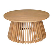 Slatted Acacia Round Coffee Table — Round acacia coffee table with slatted drum base in natural finish