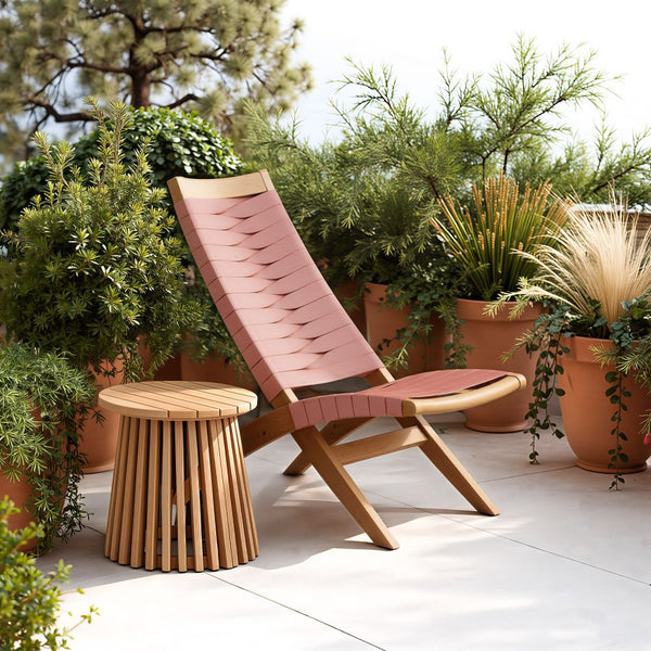 Slatted Acacia Round Side Table — Slatted solid acacia side table, compact round form, no assembly needed