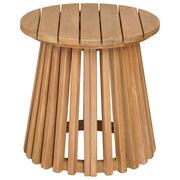 Slatted Acacia Round Side Table styled with ceramics and a linen runner
