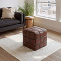 Woven Faux Leather Cube Ottoman — Basket-woven faux leather ottoman in warm tobacco brown for living rooms