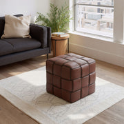 Woven Faux Leather Cube Ottoman — Basket-woven faux leather ottoman in warm tobacco brown for living rooms