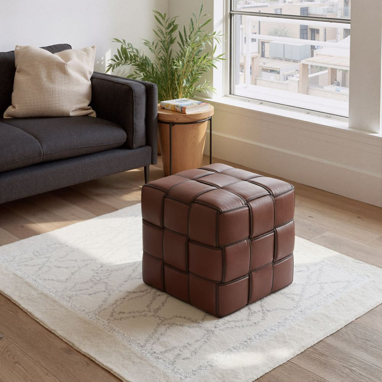Woven Faux Leather Cube Ottoman — Basket-woven faux leather ottoman in warm tobacco brown for living rooms