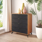 Boucle-Front Ash Veneer Four-Drawer Chest — Four-drawer chest in ash veneer and boucle fabric with powder-coated steel legs
